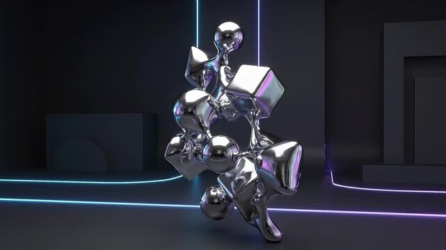 Abstract chrome liquid metal shapes floating in a dark studio with neon lights background loop