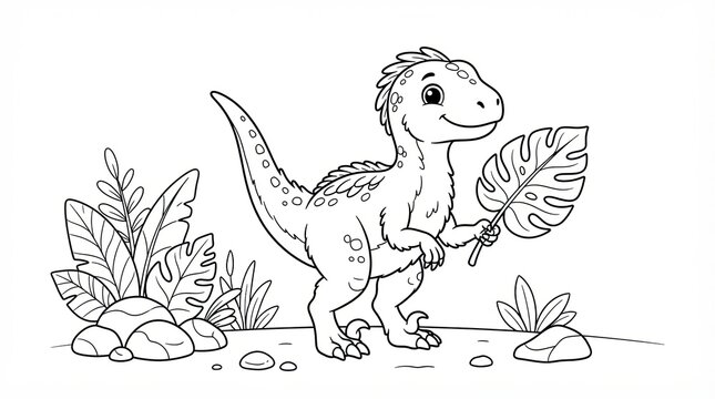 Cute baby dinosaur holding a leaf in a prehistoric jungle setting
