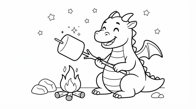 Cute cartoon dragon roasting a marshmallow on a campfire for kids