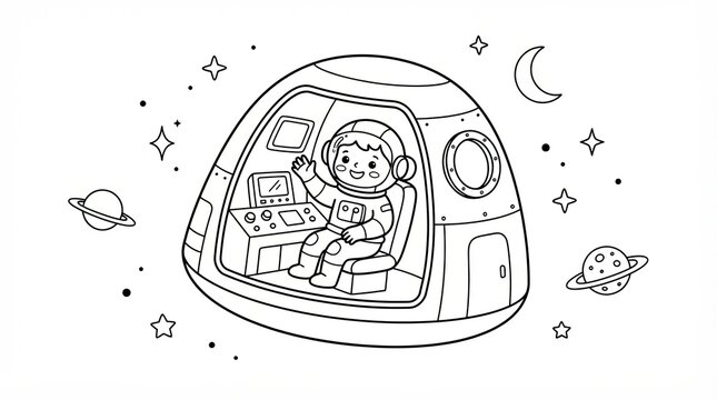 Happy little astronaut sitting in a spaceship in outer space drawing