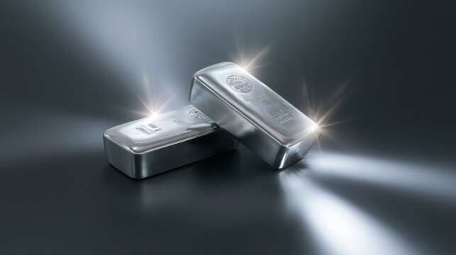 Shiny Silver Bars with Reflections and Light Glimmers on a Dark Background for Financial and Investment Themes