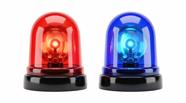 Emergency red and blue siren lights, flashing police beacon lamps on white background, warning signal for law enforcement and security