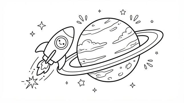 Cute cartoon rocket flying past a large planet in outer space