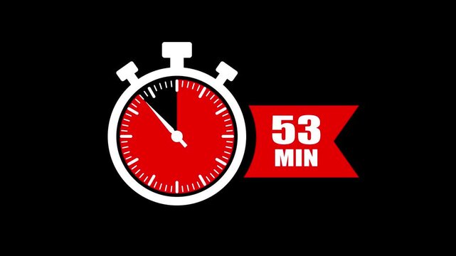 53 minute timer countdown stopwatch animation. Clock icon with 53 minute timer. 53 minute countdown timer clock icon animation. 53 min clock icon animation. Timer, clock, stopwatch icon with 53 min.