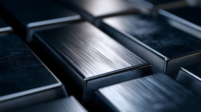 Close-up View of Polished Metallic Bars with Sleek Reflection and Smooth Surface Texture Ideal for Industrial and Abstract Backgrounds