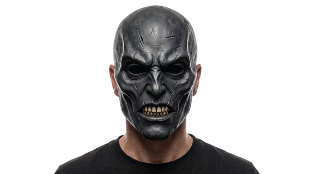 Scary black demon mask on man, realistic horror creature face with textured skin, dark fantasy villain headpiece for Halloween
