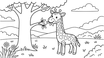 A delightful coloring page featuring a charming giraffe enjoying a leafy snack under a grand tree perfect for kids and creative expression