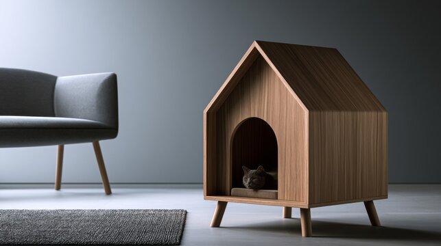 Modern wooden cat house with minimalist design, cozy interior, stylish furniture arrangement, and soft textures in a serene living room setting