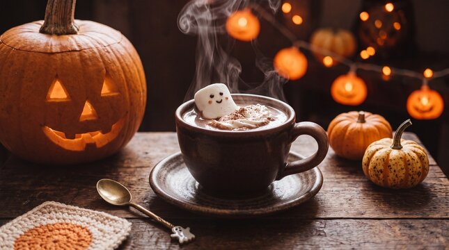 A warm and inviting autumnal drink with fluffy marshmallows sits beside a beautifully carved pumpkin for a cozy halloween or fall aesthetic