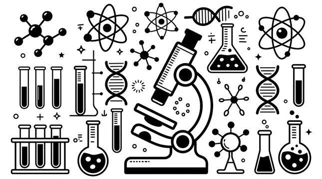 Science laboratory icon set with microscope, dna helix, test tubes, molecule structure, and chemistry flask vector line art illustration for molecular biology and genetic research