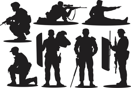 Military soldier silhouette vector collection - army swat police riot guard, combat sniper rifle graphic elements