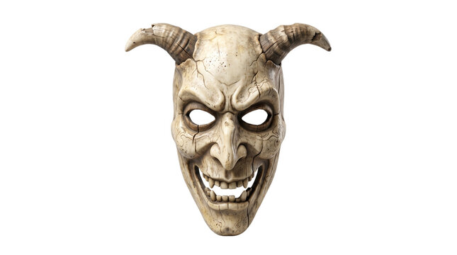 Ancient demon mask with horns, creepy devil face sculpture on white background, gothic halloween horror prop