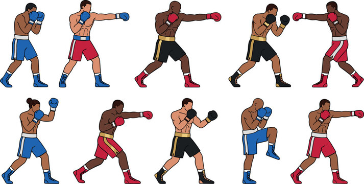 Boxing Players Vector Set with Multiethnic Male Fighters Performing Jab Cross Hook Uppercut and Defensive Stances for Combat Sports Gym Championship Designs