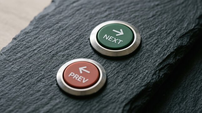 Prev and next control buttons with arrows on a dark textured slate surface representing website navigation and interface