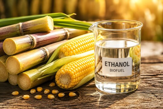 Corn cobs beside glass of ethanol biofuel on wooden surface
