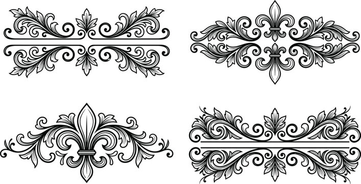 Vintage Baroque Text Dividers Vector Set Featuring Ornate Fleur de Lis Flourishes Royal Engraving Vignettes and Decorative Scroll Elements for Luxury Book Layouts