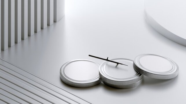 Minimalist Arrangement of Three Round White Container Lids with a Thin Black Stick on a Sleek White Surface in a Contemporary Setting