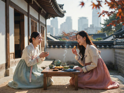 추석 가을 한옥 마당에서 차와 다과를 즐기며 웃는 한복 입은 여성들