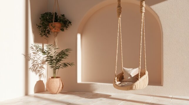 Cozy and Minimalist Indoor Space with a Swing Chair, Potted Plant, and Soft Natural Light for a Calm and Inviting Atmosphere