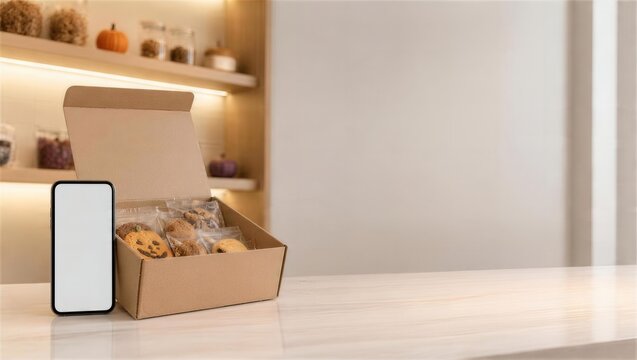 空白スマートフォンと焼き菓子ギフトボックスの店舗広告背景