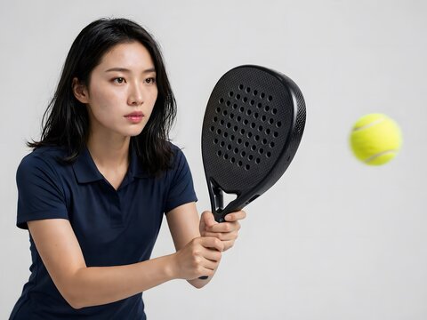 Young asian woman playing padel tennis on isolated background