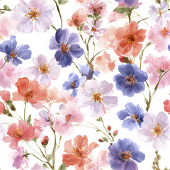 Obraz premium Soft watercolor floral pattern with pink, purple, and coral blossoms creating delicate and elegant design