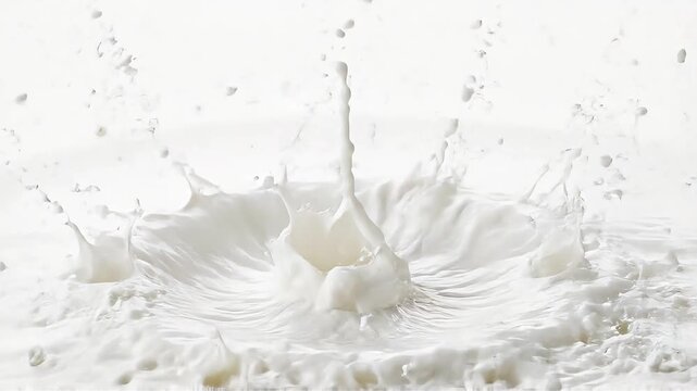 Slow motion video clip of fresh white milk splashing to form a crown on a white background.