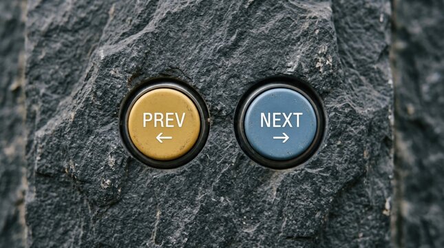 Prev and next buttons embedded in textured dark rock surface choice navigation concept with navigation, direction