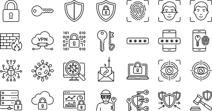Cybersecurity and Network Security Vector Line Icon Set