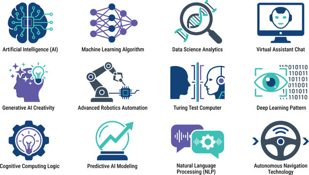 Artificial intelligence concept vector icon set with text featuring machine learning algorithm analytics robotics data science deep learning cognitive computing nlp elements.