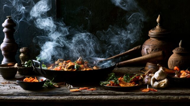 Rustic cooking scene with steam rising from a pan filled with colorful vegetables and spices, showcasing a cozy and warm culinary atmosphere.