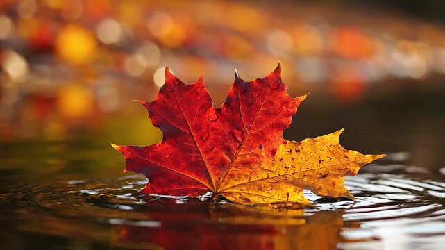 Vibrant autumn maple leaf floating on calm water surface