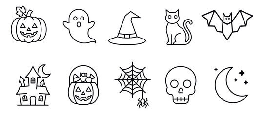 Fototapeta premium Halloween spooky holiday line icons set featuring pumpkin ghost witch hat cat bat house candy web skull and crescent moon symbols for autumn festival decoration.