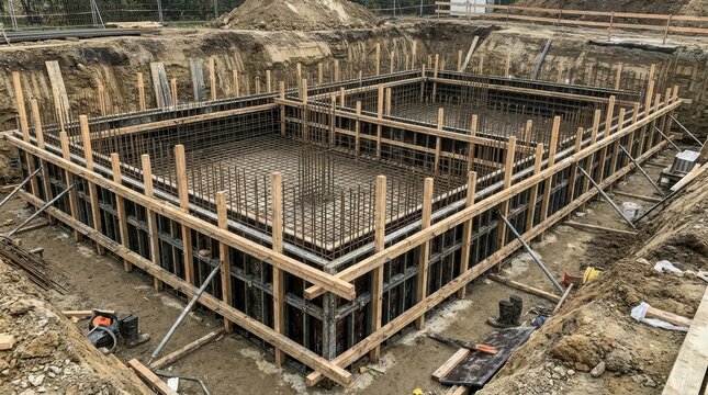 Foundation Construction: A reinforced concrete foundation framework is meticulously constructed within an excavated site, showcasing the initial stages of building infrastructure and development.