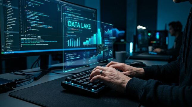 A developer working on a data lake project in a dark office with holographic data visualizations.