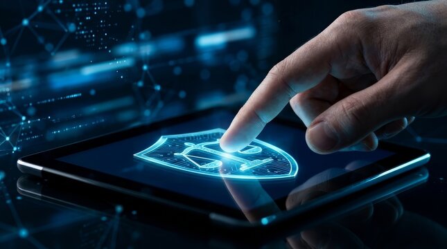 Human finger touching a screen representing online legal protection, data safety, and digital security.