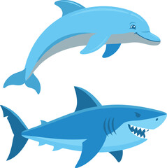 Obraz premium Cute Cartoon Dolphin and Fierce Shark Marine Sea Animals Flat Vector Illustration Set Isolated on White Background