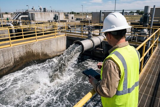 service engineer  checking on waste water treatment plant with pump on background. worker  working on Waste water plant.