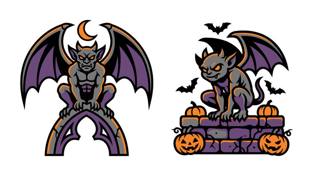 Set of two gargoyle illustrations for halloween, featuring winged stone creatures perched on a gothic arch and a brick wall with jackolanterns isolated on transparent background