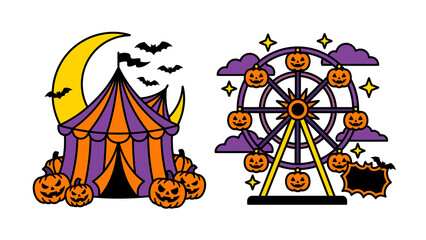 Halloween carnival set with circus tent and pumpkin ferris wheel isolated on transparent background © Growup Pixel