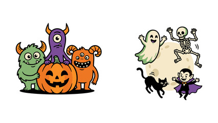 Cute halloween monster and character collection with pumpkin, ghost, skeleton, vampire and black cat isolated on transparent background