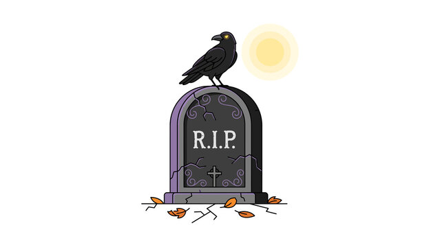 Illustration of a spooky tombstone with a black crow perched on top and autumn leaves scattered on the ground, isolated on transparent background