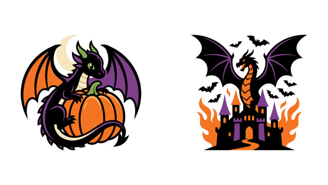 Set of two halloween dragon illustrations featuring a cute dragon with a pumpkin and a fierce dragon perched on a spooky castle with bats and fire isolated on transparent background