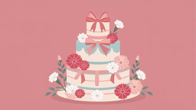 Three tier wedding cake illustration with pink ribbons and floral decorations on pink background