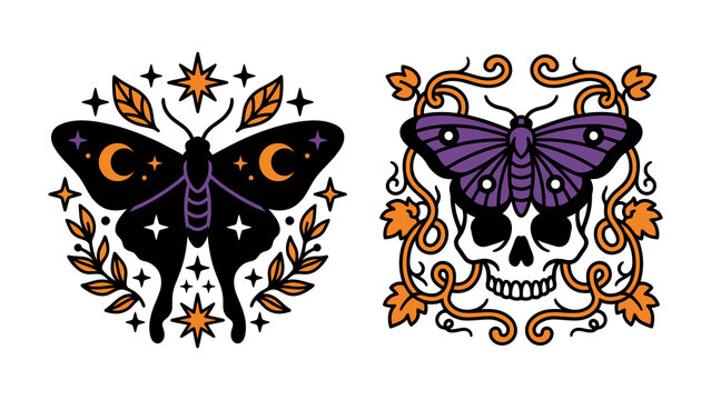 Set of mystical moth illustrations with crescent moons, stars, skull, and autumn leaves, gothic style vector art isolated on transparent background