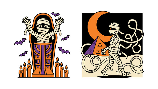 Set of two cute cartoon mummy illustrations for halloween, one in a sarcophagus with candles and bats, and one walking in the desert with a pyramid isolated on transparent background
