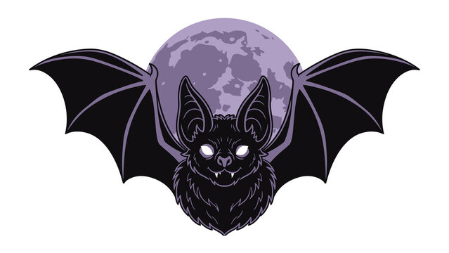 Illustration of a cute bat with large ears and glowing eyes flying in front of a full moon, dark gothic aesthetic for halloween design isolated on transparent background