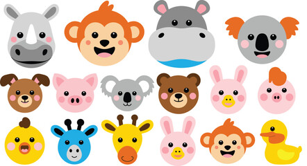 Naklejka premium Cute Cartoon Animal Face Collection Featuring Colorful Zebra, Monkey, Hippo, Koala, Bear, Pig, Rabbit, Giraffe, Duck, and Chick Characters