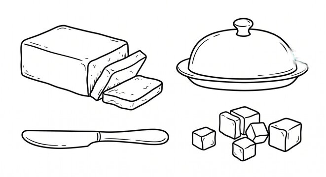 Hand drawn butter block, knife, and dish line art illustration for kitchen design.