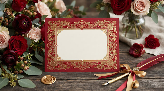 Elegant red glitter wedding invitation card with blank space for text 4K, HD Image